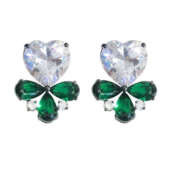 Jewelry - "CZ White and Emerald Crystal Heart Drop Earrings, FB16FA1153